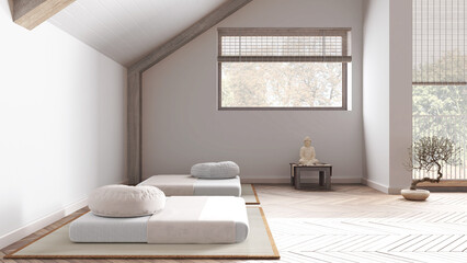 Minimal meditation room in white and beige tones in attic apartment. Tatami mats, pillows and table with decors. Bleached wooden beams and window. Japandi interior design
