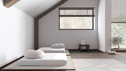 Minimal meditation room in white and beige tones in attic apartment. Tatami mats, pillows and table with decors. Dark wooden beams and window. Japandi interior design