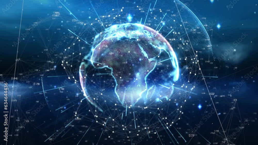 Poster animation of rotating globe and connected dots with numbers over abstract background
