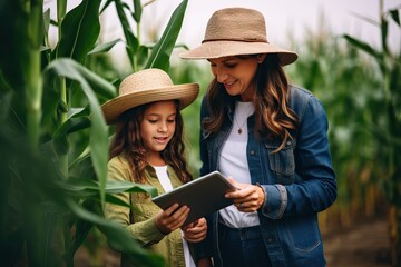 a modern woman farmer and her daughter in a corn field using a digital tablet - Powered by Adobe