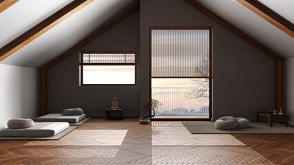 Dark late evening scene, minimal meditation room in wooden penthouse, pillows, tatami mats and decors. Ceiling beams and parquet floor. Japandi interior design