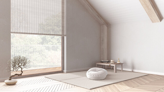 Japandi meditation room in white and beige tones in modern attic, pillows, tatami mats and window. Bleached wooden beams and parquet floor. Minimalist interior design