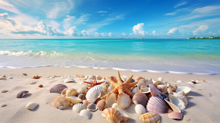 Fototapeta na wymiar Sea shells on sand beach maldives