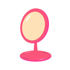 Cute cartoon pink mirror. Round mirror for applying makeup and beauty guidance. Fashion glamour icon.