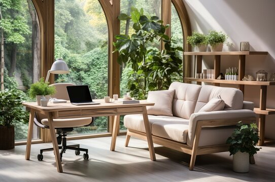 The interior of a beautiful office-style house with additional modern furniture a computer table and small plant pots a natural and inviting atmosphere.