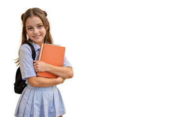 Fototapeta premium Happy child school girl with book isolated on transparent background