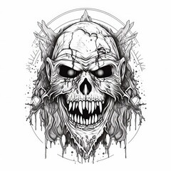 Gothic skull with horns, grunge vintage monochrome illustration. Generative AI.