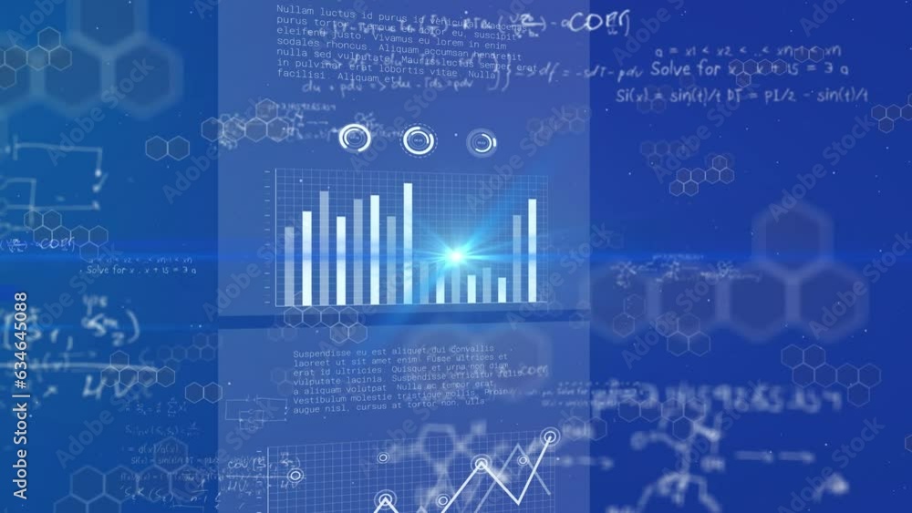 Poster animation of multiple graphs, mathematical equation and hexagons over blue background