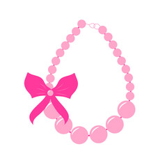 Cute cartoon necklace with a bow. Pink pearl beads. Fashion glamour icon.