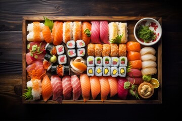 Sushi set in wooden box on dark wooden table, top view. Generative AI.
