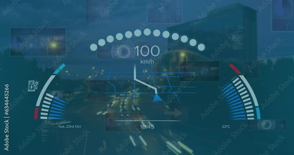 Poster animation of speedometer and data processing against aerial view of night city traffic