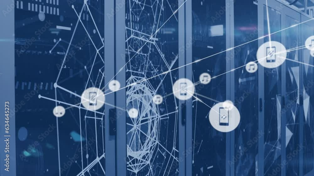 Poster animation of network of digital icons and plexus networks against computer server room