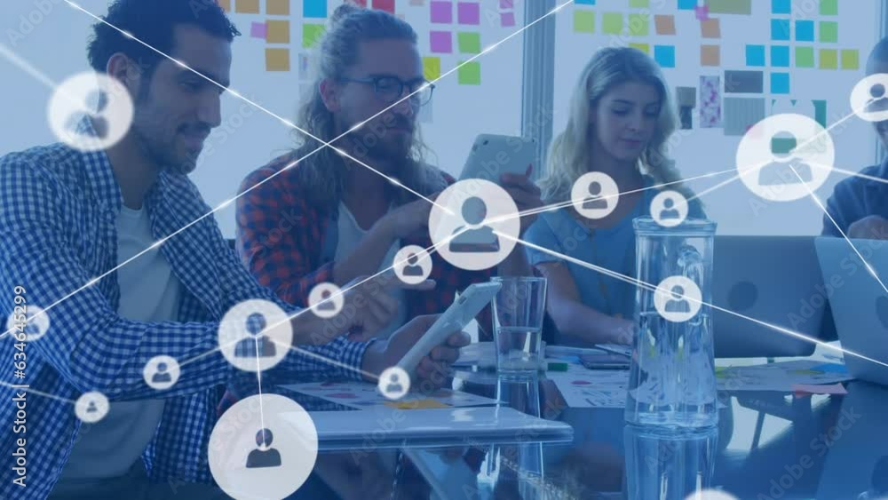 Poster animation of network of profile icons over diverse colleagues using electronic devices at office