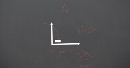 Animation of bar graph icon over mathematical equations floating against grey background - Powered by Adobe