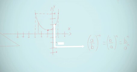 Animation of bar graph icon over mathematical equations floating against blue background - Powered by Adobe