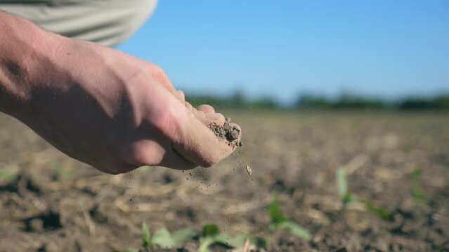 Close up of male farmers hand holds a handful of dry ground and checks soil fertility on the field at sunny day. Blurred meadow at background. Agriculture concept. Side view Slow motion