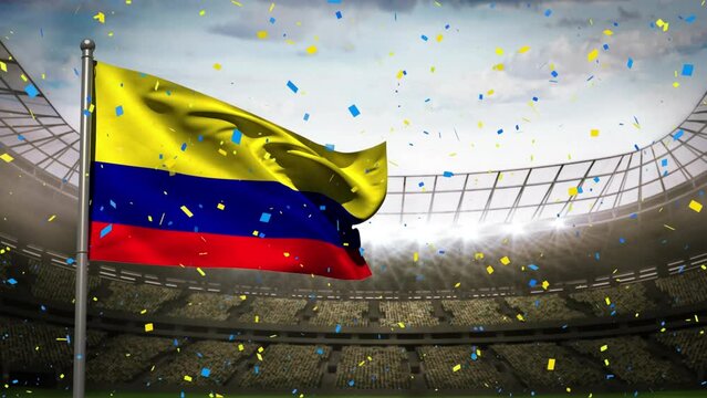 Animation of camera flashes and confetti falling over waving colombia flag against sports stadium