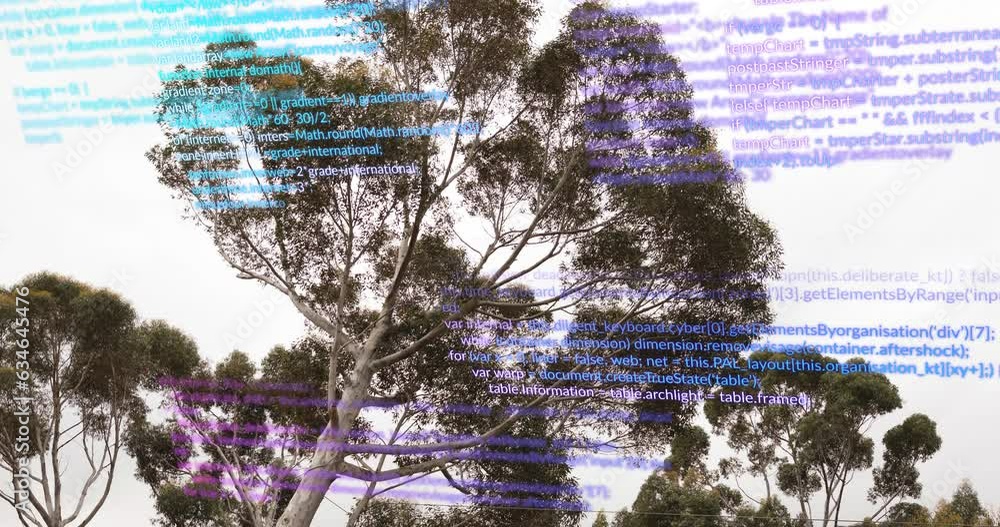 Poster animation of data processing over low angle view of trees against clear sky