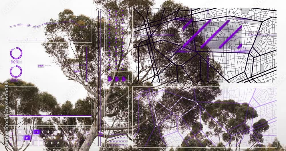 Poster animation of interface with data processing over low angle view of trees against clear sky