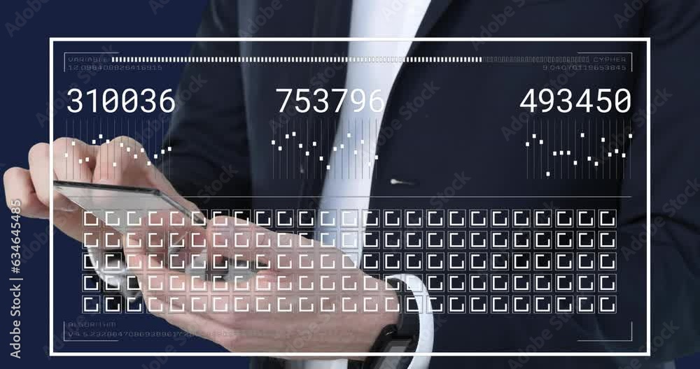 Poster animation of interface with data processing over mid section of businessman using glass smartphone