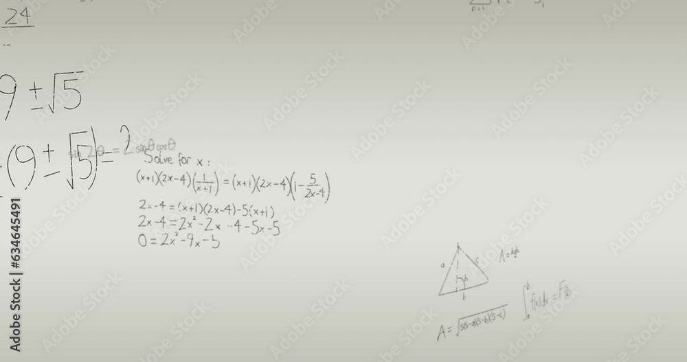 Poster animation of mathematical equations, diagrams and formulas floating against grey background
