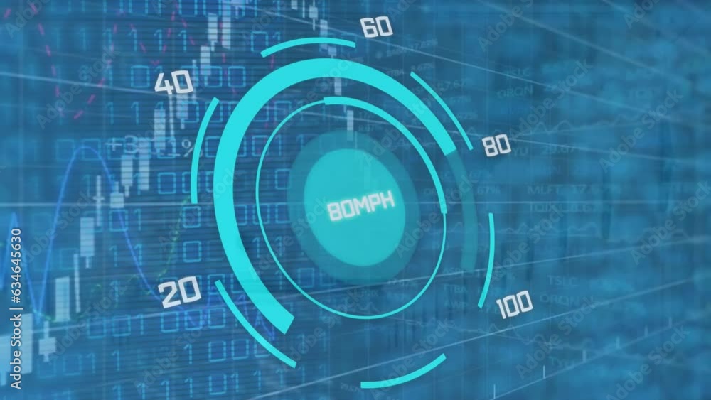 Poster animation of car speedometer over binary coding against financial and stock market data processing