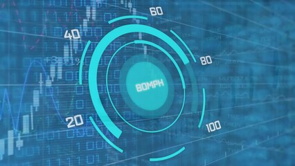 Animation of car speedometer over binary coding against financial and stock market data processing - Powered by Adobe