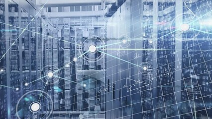 Animation of network of connections, mathematical equations and light spots against server room - Powered by Adobe