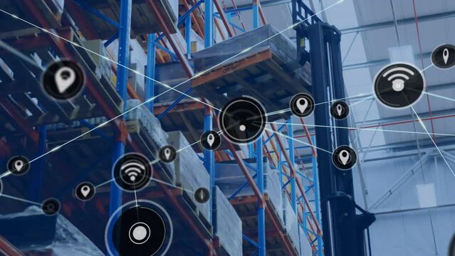 Animation of network of digital icons against forklift operating at warehouse