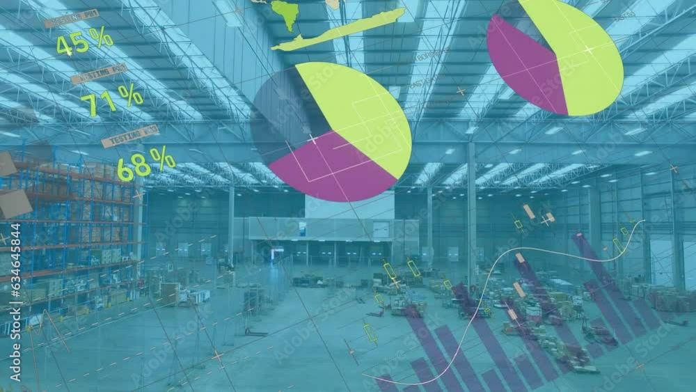 Poster animation of statistical data processing against aerial view of a warehouse