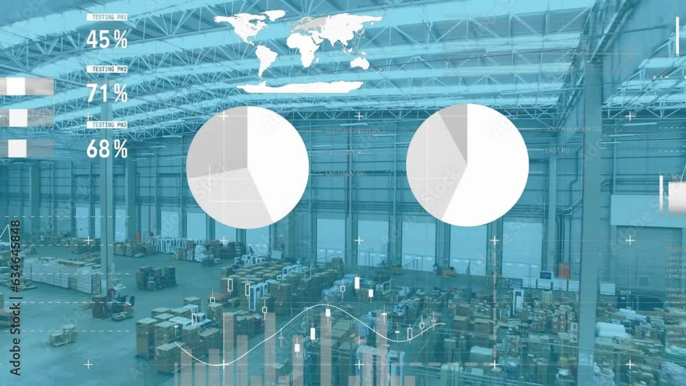 Poster animation of statistical data processing against aerial view of a warehouse