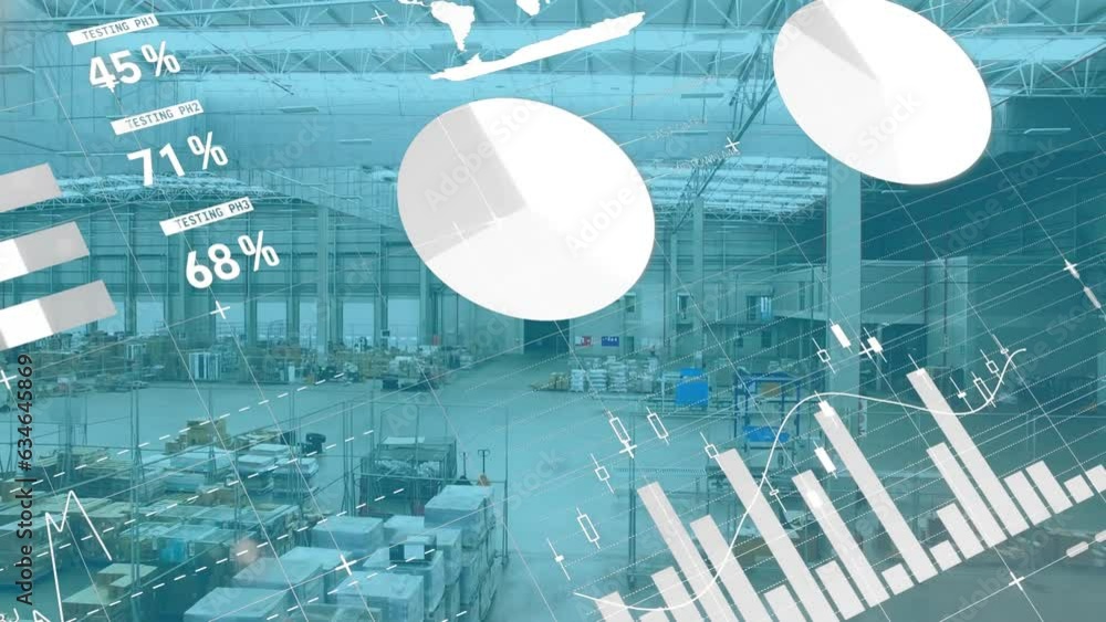 Poster animation of statistical data processing against aerial view of a warehouse