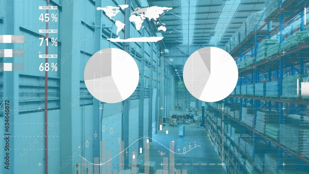 Poster animation of statistical data processing against aerial view of a warehouse