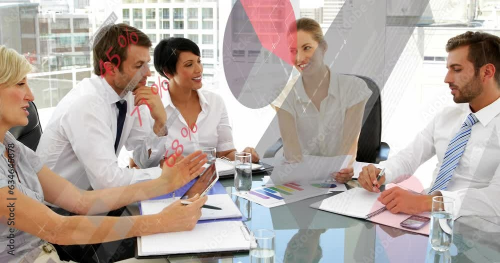 Poster animation of statistical data processing against diverse colleagues discussing together at office
