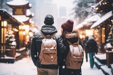 rearview multiethnic couple travelling in japan Tokyo. Happy young travelers exploring in city at snowy season - obrazy, fototapety, plakaty