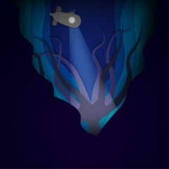 Fototapeta premium Submarine in underwater trenches discoverin big octopus. Submarine light underwater. Paper Origami Concept Art. Underwater Paper cut-out design. Vector Illustration. EPS 10.
