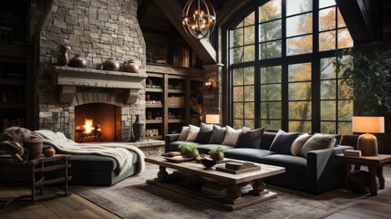 home interior design of modern living room where  History Meets Modernity - Layered Composition with Stone & Matte Finishes, 3D Perspective, Black, White, and Brown Tones