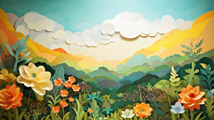 Fototapeta na wymiar Paper Art Layered of colorful natural landscape view with sun mountain and sky
