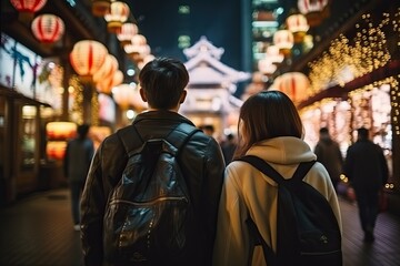 Obraz premium rearview multiethnic couple travelers exploring city at night