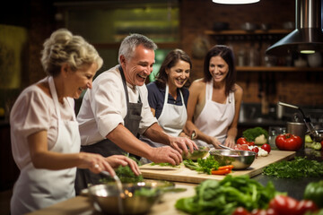 A group of friends enjoying a healthy cooking class.   - obrazy, fototapety, plakaty