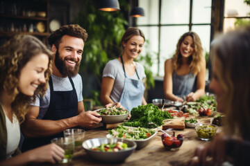 A group of friends enjoying a healthy cooking class.   - obrazy, fototapety, plakaty