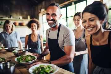 A group of friends enjoying a healthy cooking class.  