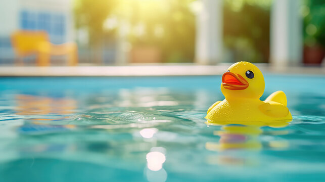 Close-up shot of a rubber duck toy in a swimming pool