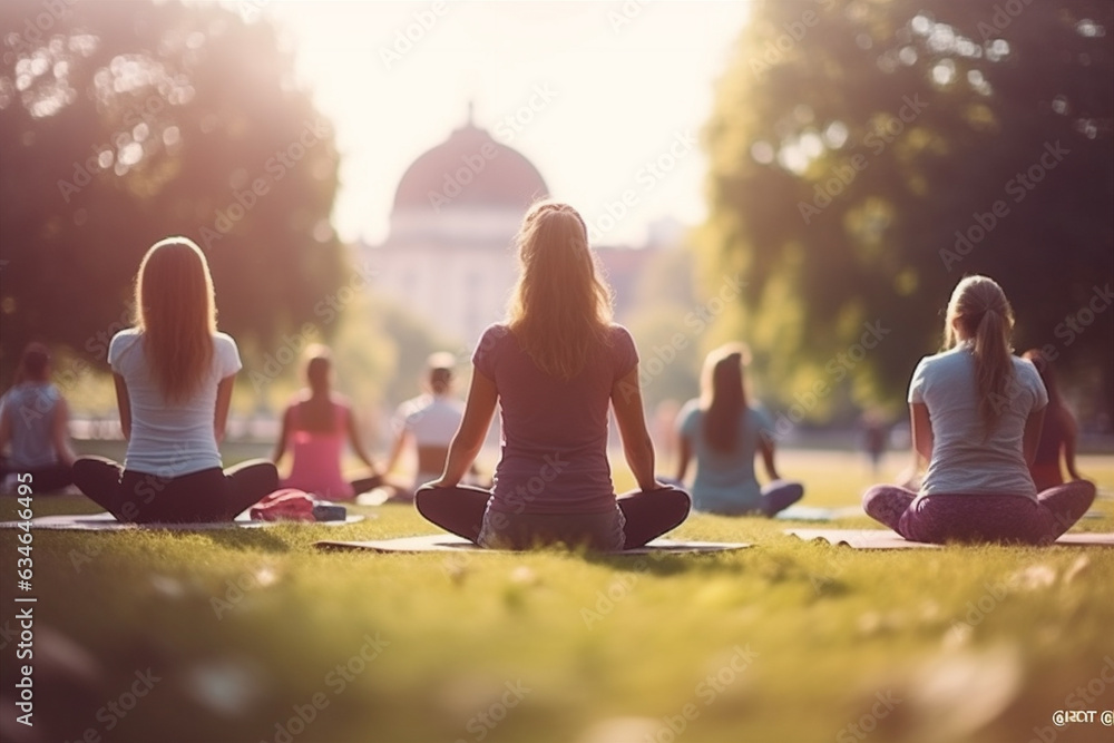 Poster group of people doing yoga_in a park.  