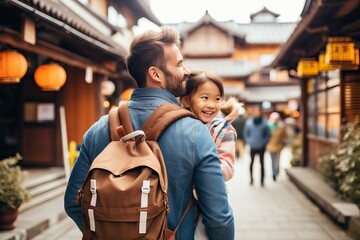 rearview multiethnic couple travelling in Japan. Happy young travelers exploring in Kyoto