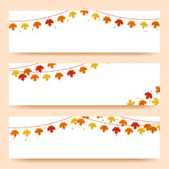Obraz na płótnie Canvas Set of gorizontal autumn backgrounds with maple leaf garlands in vintage style. Autumn banner collection. Use for invitation, print design, discount voucher. Vector
