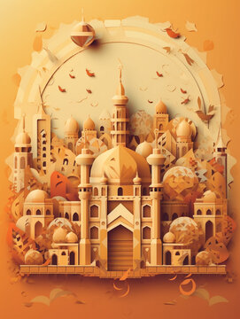3D rendered illustration for Islamic Mosque in paper cutout effect - ai generative