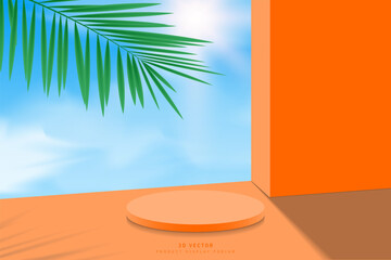 3D orange cylinder podium pedestal realistic with sky, sun clouds background, wall and palm, coconut leaf. Minimal scene for product mockup. Stage for showcase. Abstract 3D vector geometric platform.