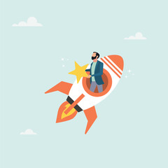 Fototapeta premium Businessman riding fast rocket to catch golden star. Innovation to help or support work success, entrepreneurship or winning business challenge, work opportunity or business accomplishment concept. 