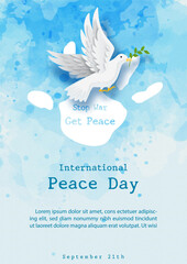Peace Dove in paper cut style flying on white label in human hand shape and world map with wording of the Peace Day, example texts on blue watercolor background. 